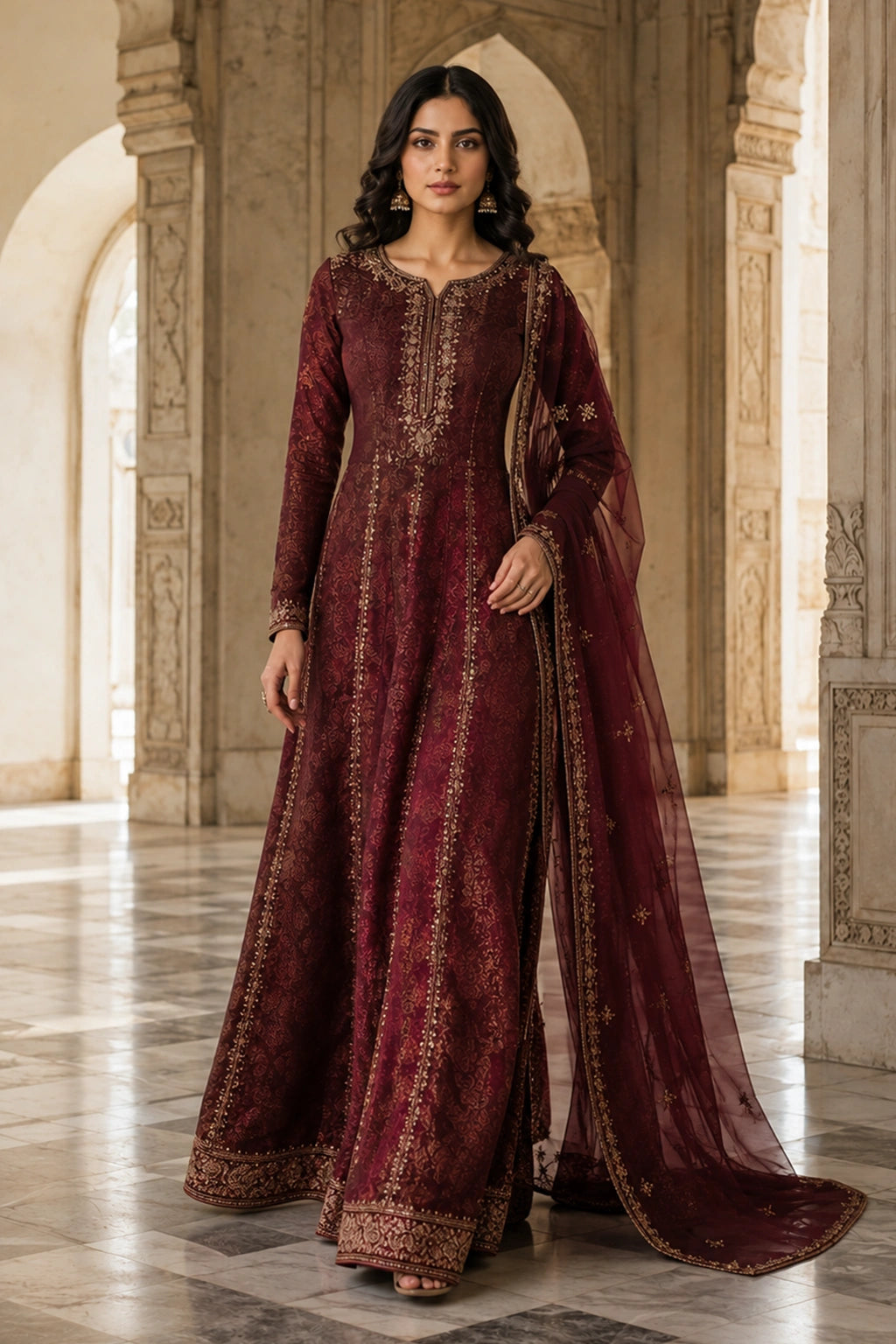 Afsana Burgundy jamawar kalidar with embroidered organza dupatta by Miraam