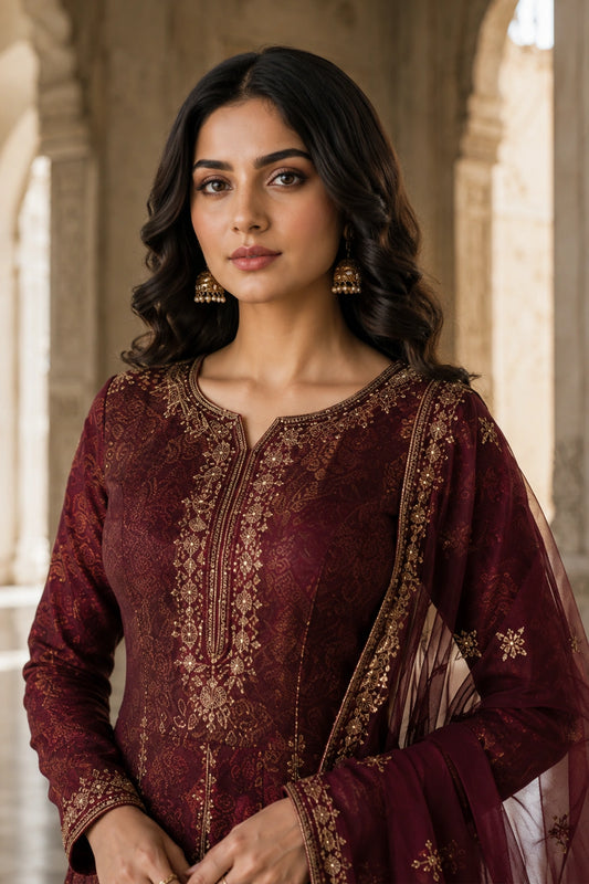 Afsana Burgundy jamawar kalidar with embroidered organza dupatta by Miraam