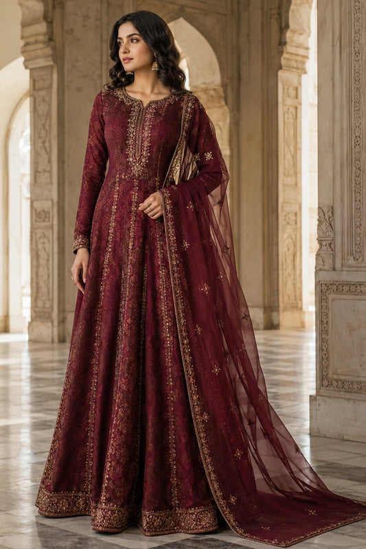 Afsana Burgundy jamawar kalidar with embroidered organza dupatta by Miraam