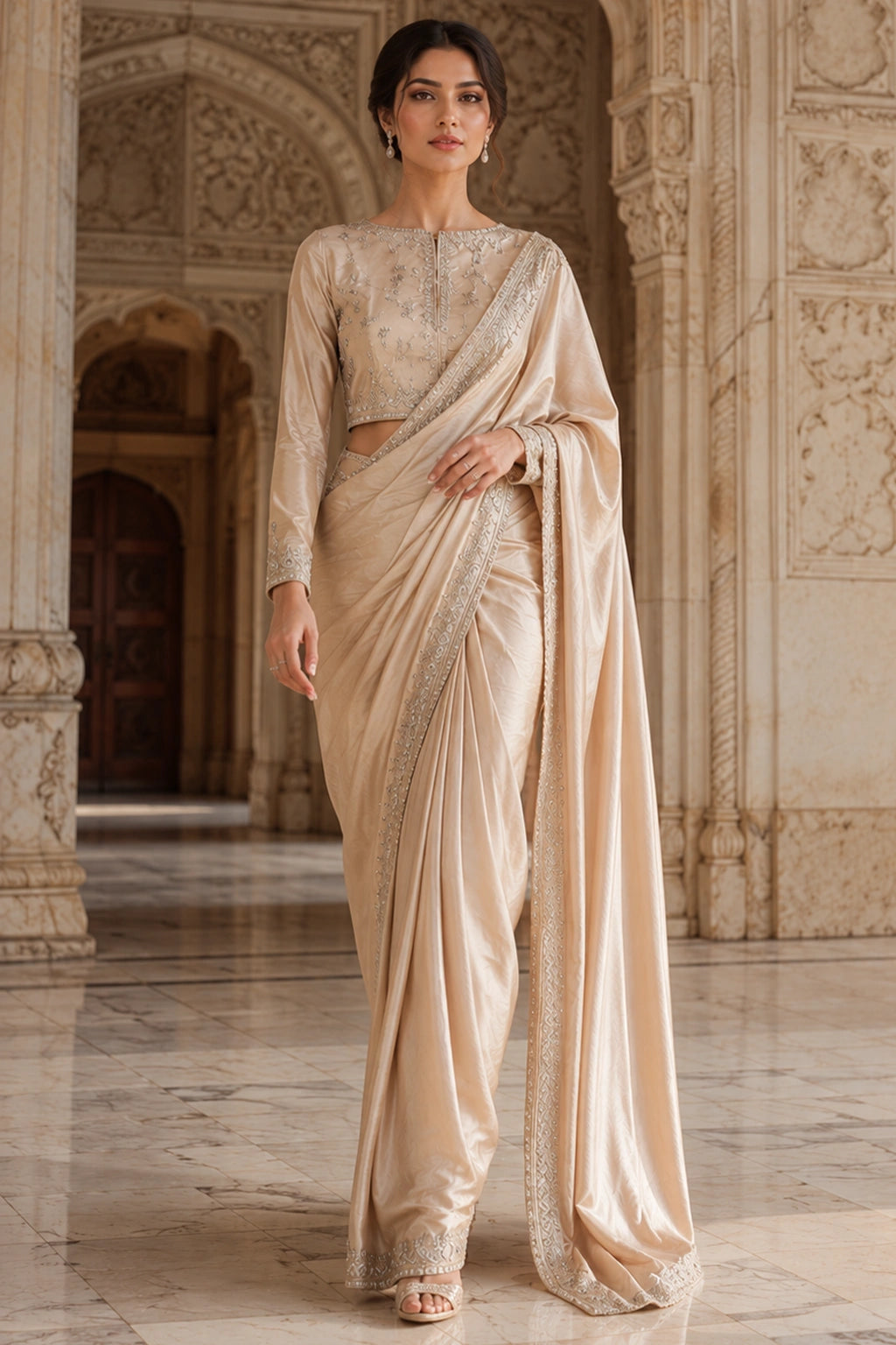 Aurelia Champagne sheesha silk saree with embroidered blouse and detailed border by Miraam