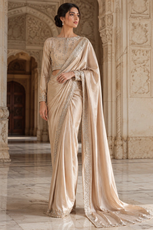 Aurelia Champagne sheesha silk saree with embroidered blouse and detailed border by Miraam