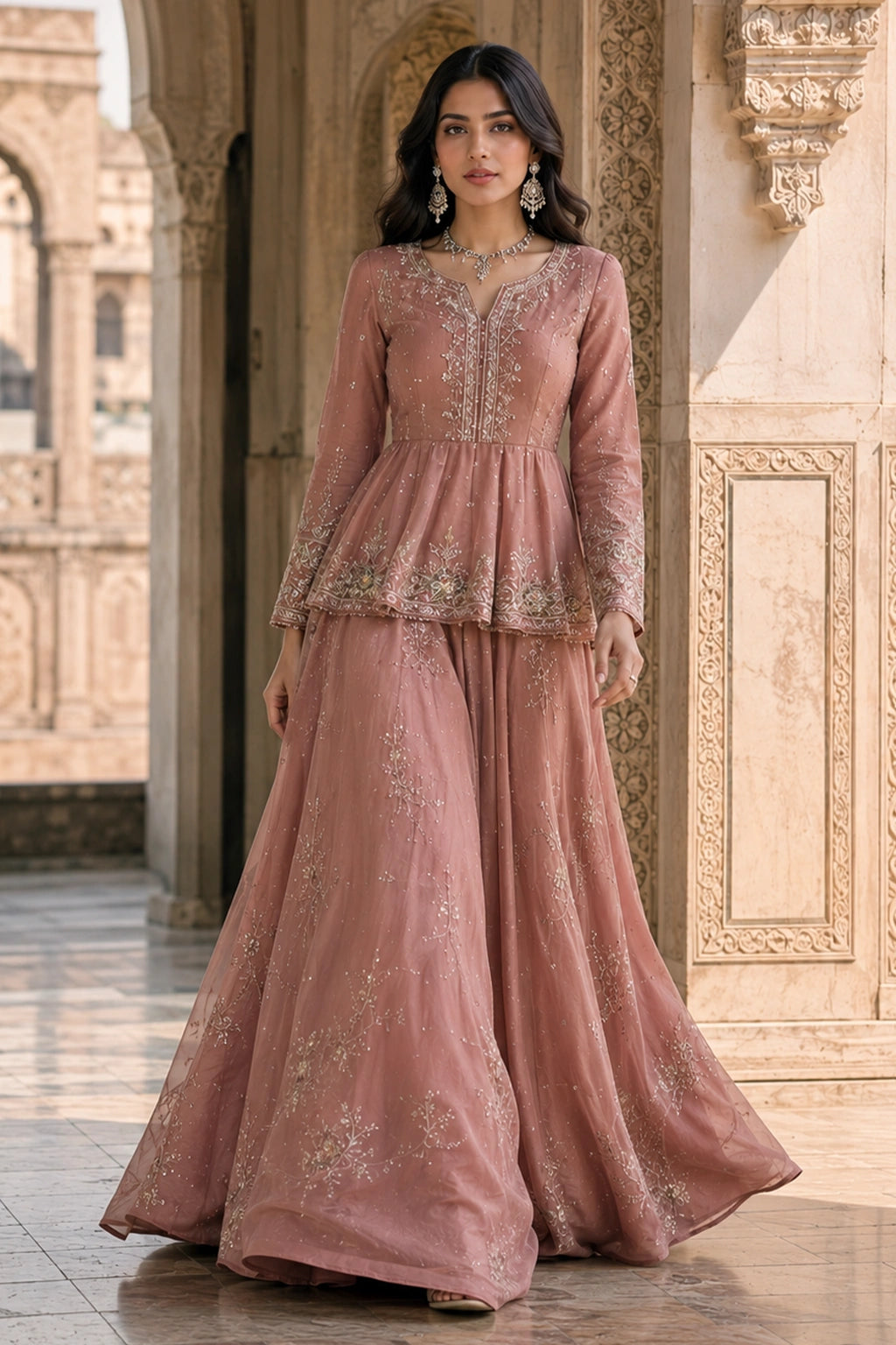 Gulnaar Blush embroidered net peplum with sheesha silk lined lehenga and organza dupatta by Miraam