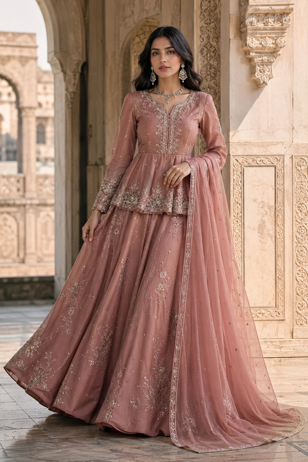 Gulnaar Blush embroidered net peplum with sheesha silk lined lehenga and organza dupatta by Miraam