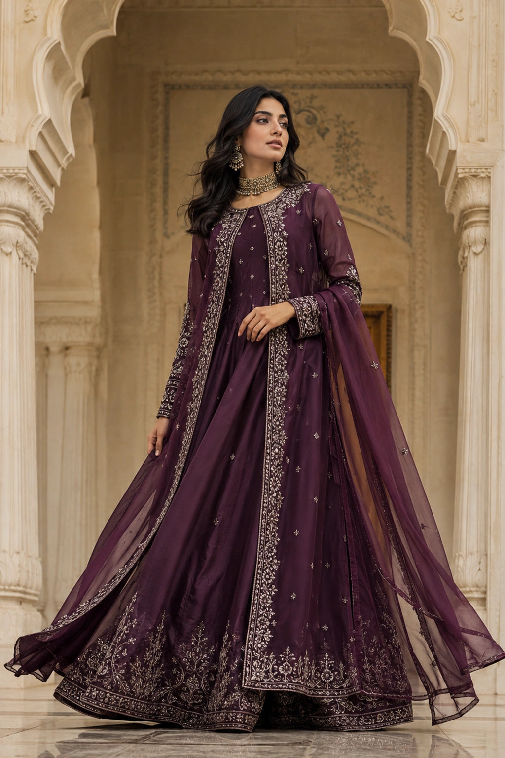 Mahveen Plum sheesha silk kalidar with embroidered net jacket and net dupatta by Miraam