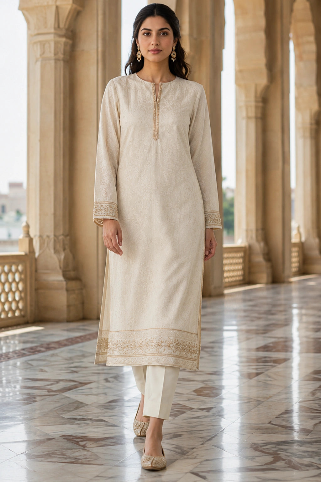 Meher Ivory Jamawar shirt with Sheesha silk cigarette pants and organza dupatta by Miraam