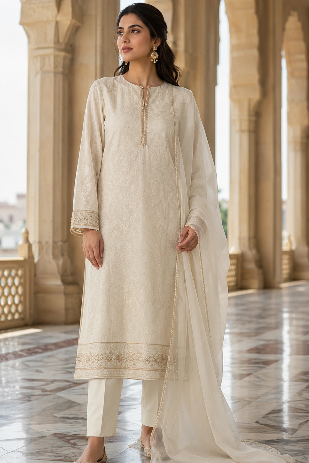 Meher Ivory Jamawar shirt with Sheesha silk cigarette pants and organza dupatta by Miraam