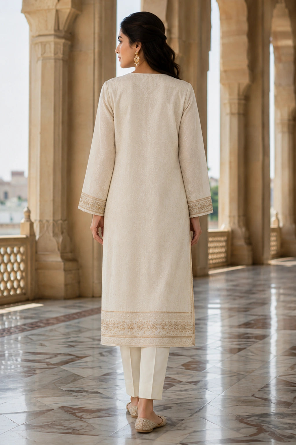 Meher Ivory Jamawar shirt with Sheesha silk cigarette pants and organza dupatta by Miraam
