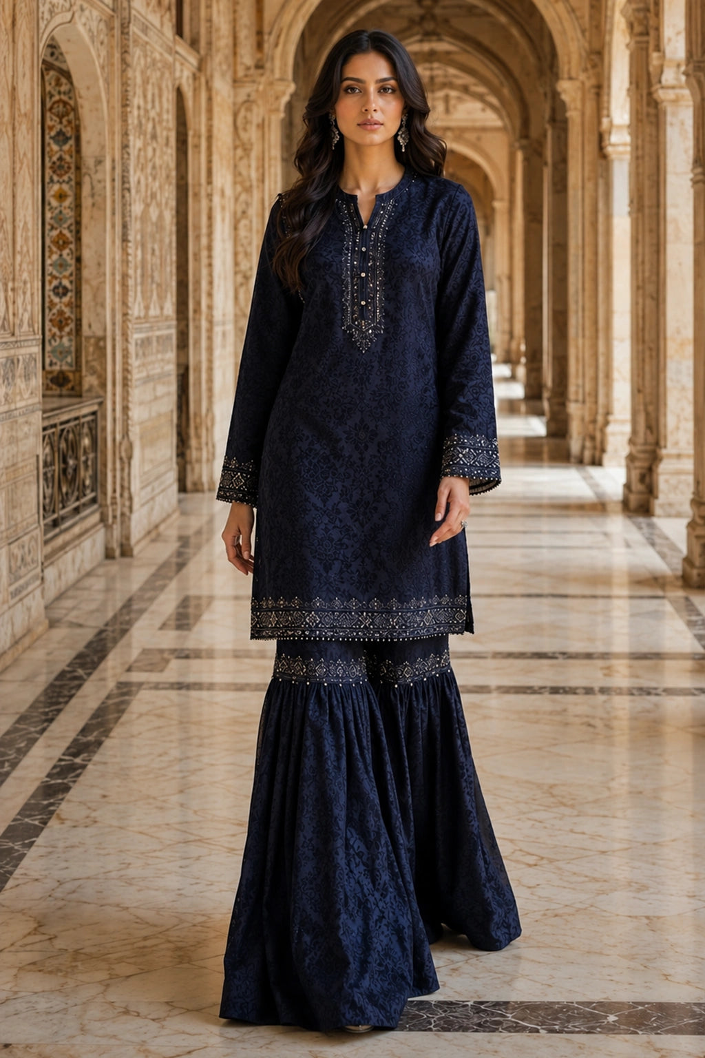 Miraam navy Jamawar shirt with gharara and organza dupatta, luxury Pakistani formal wear