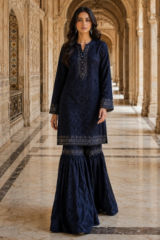 Miraam navy Jamawar shirt with gharara and organza dupatta, luxury Pakistani formal wear