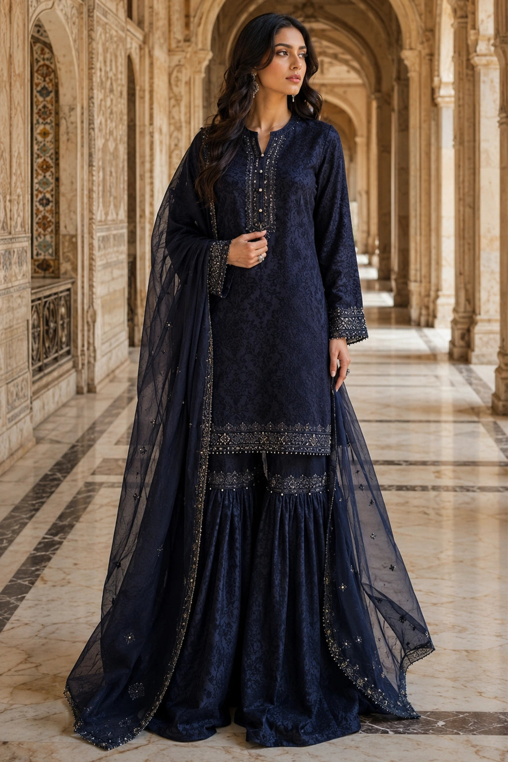 Miraam navy Jamawar shirt with gharara and organza dupatta, luxury Pakistani formal wear