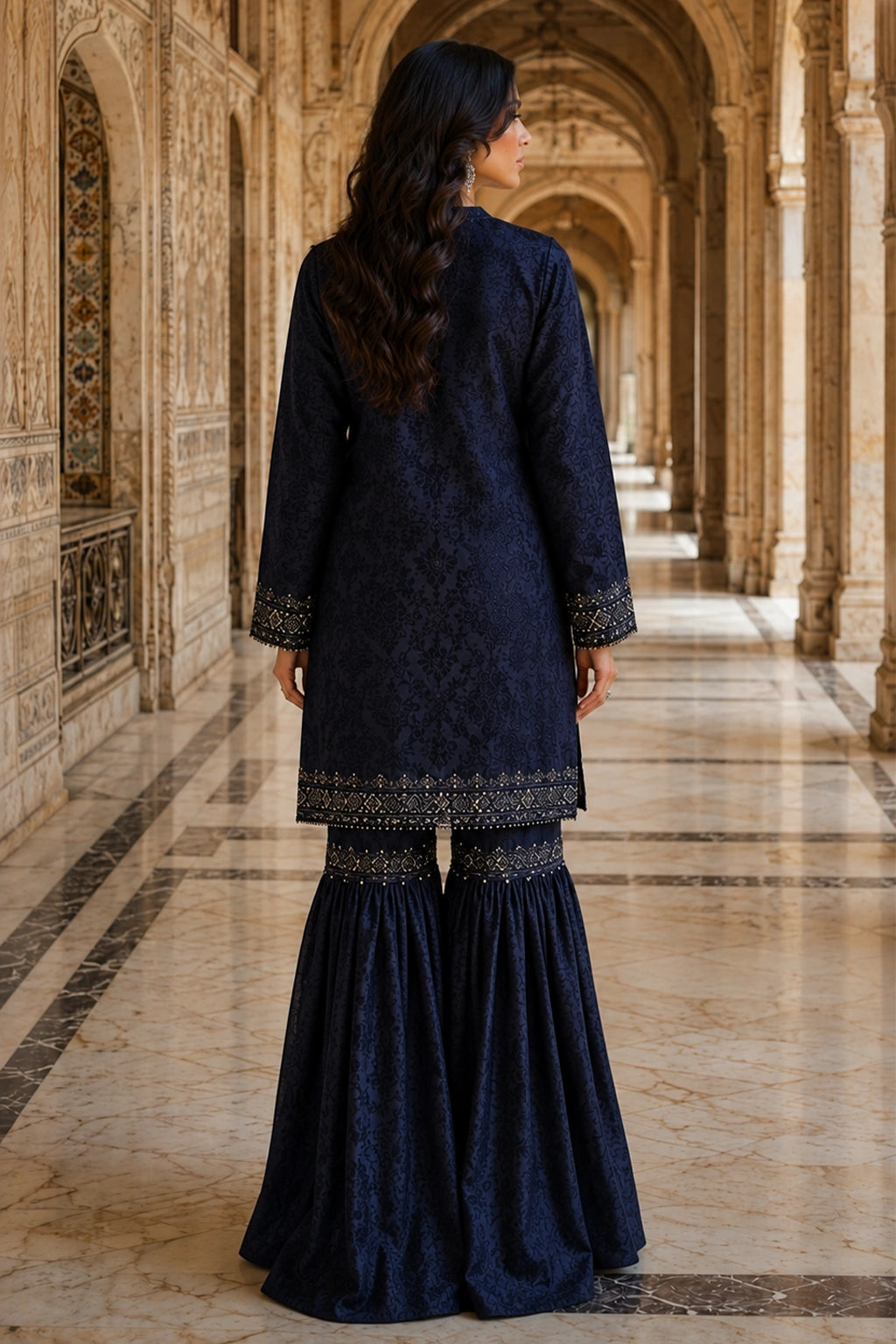 Miraam navy Jamawar shirt with gharara and organza dupatta, luxury Pakistani formal wear