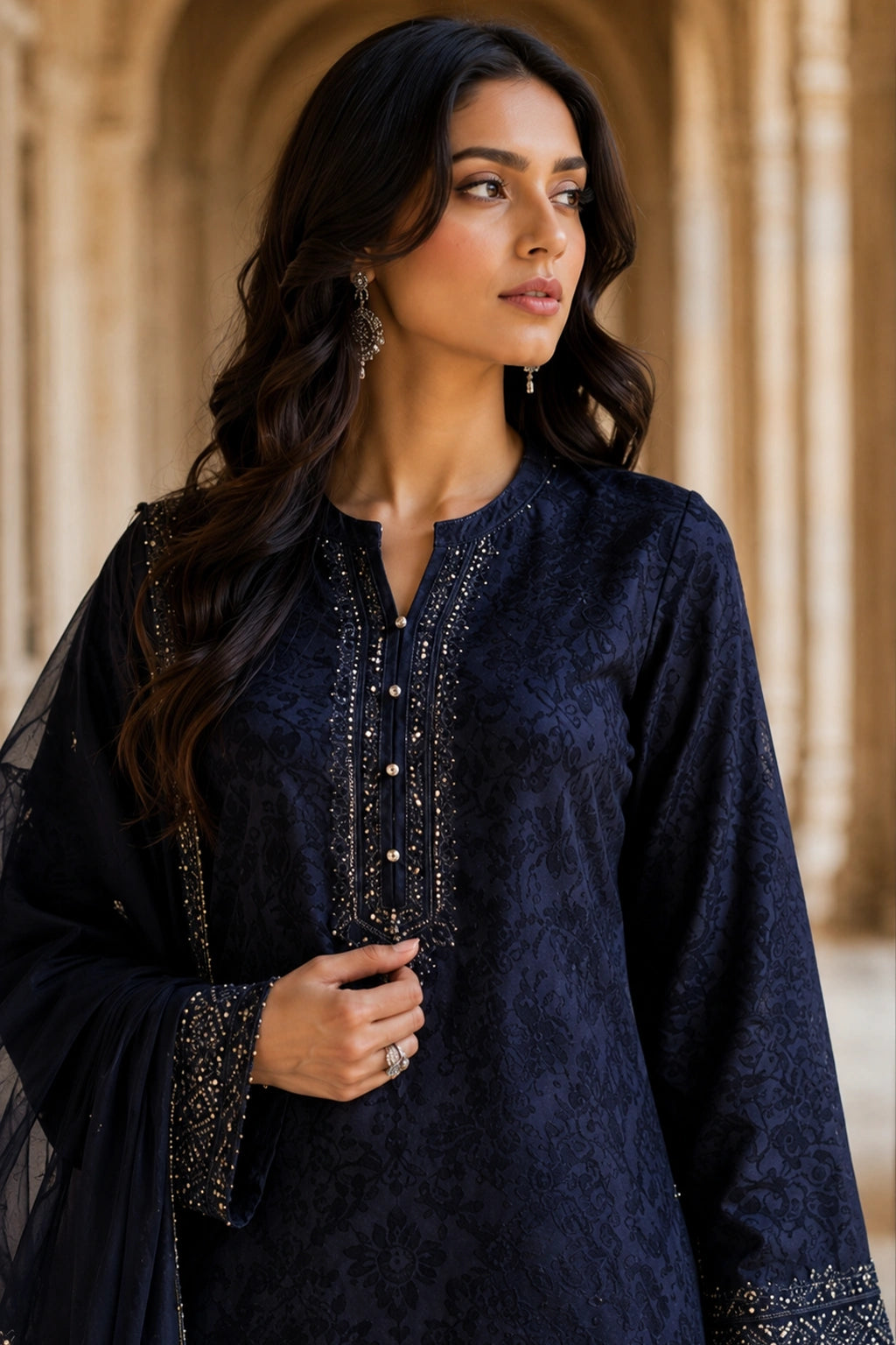 Miraam navy Jamawar shirt with gharara and organza dupatta, luxury Pakistani formal wear