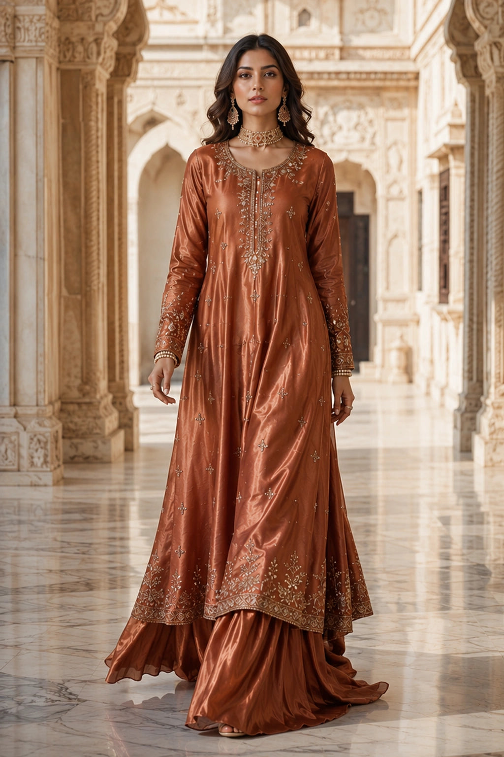 Roshang Copper sheesha silk shirt with farshi lehenga and embroidered organza dupatta by Miraam