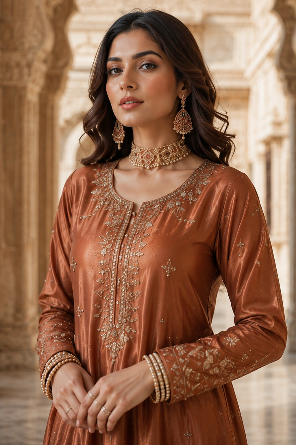 Roshang Copper sheesha silk shirt with farshi lehenga and embroidered organza dupatta by Miraam