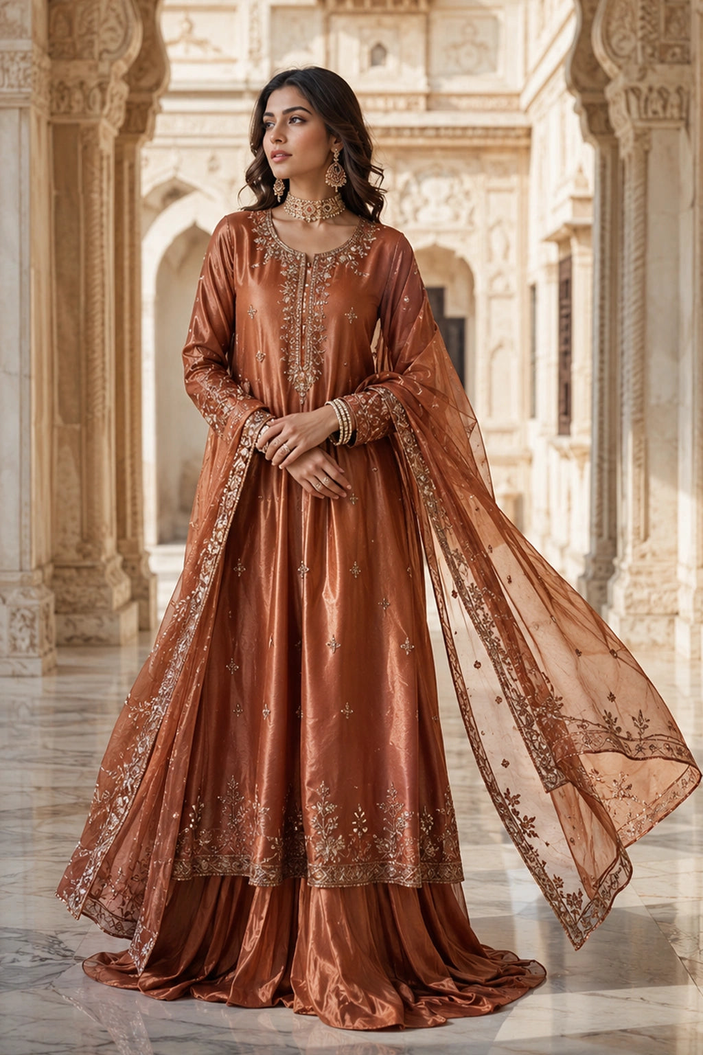 Roshang Copper sheesha silk shirt with farshi lehenga and embroidered organza dupatta by Miraam