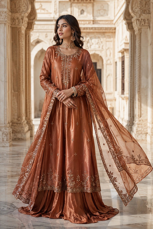 Roshang Copper sheesha silk shirt with farshi lehenga and embroidered organza dupatta by Miraam