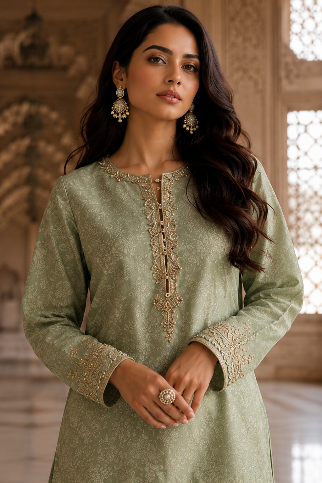 Sage green Jamawar shirt and gharara with organza dupatta by Miraam