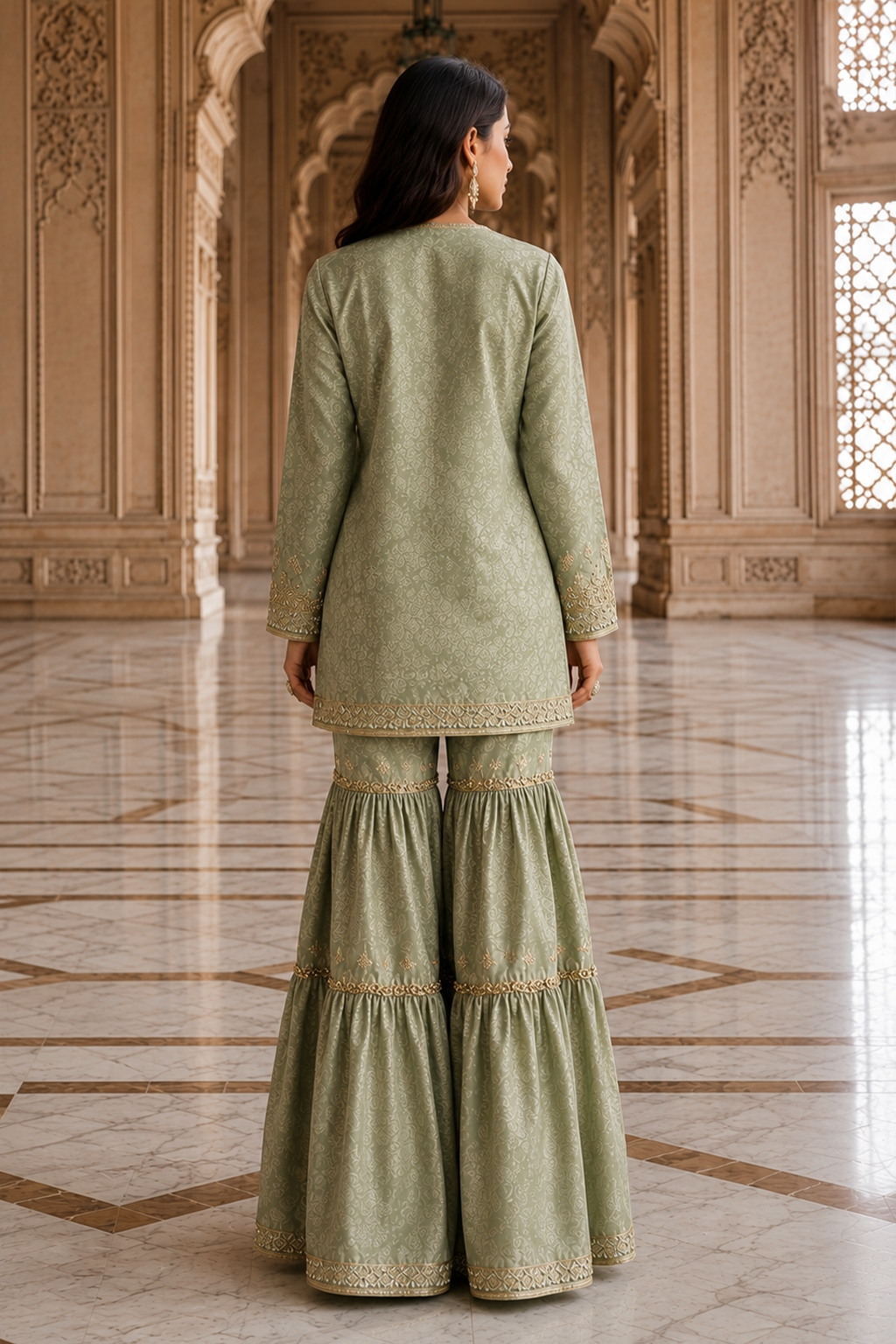 Sage green Jamawar shirt and gharara with organza dupatta by Miraam