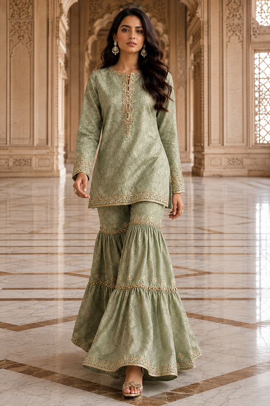 Sage green Jamawar shirt and gharara with organza dupatta by Miraam