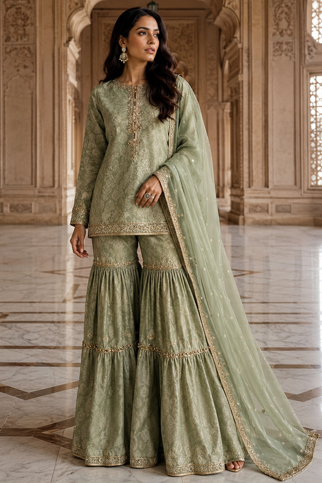 Sage green Jamawar shirt and gharara with organza dupatta by Miraam