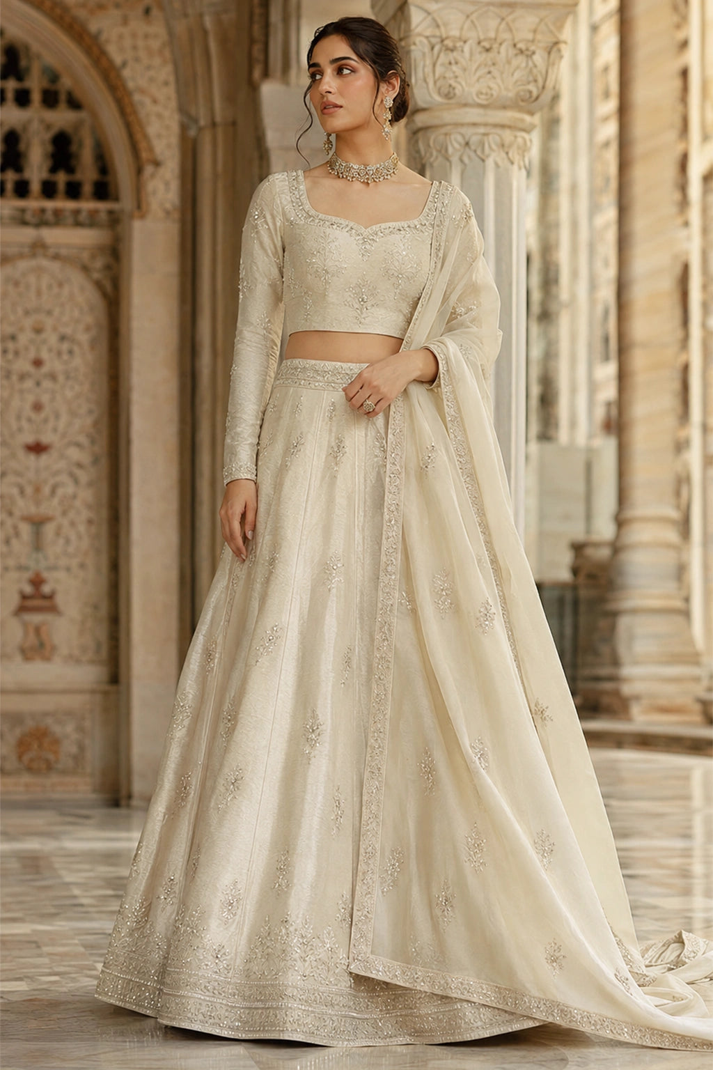 Sahar Pearl sheesha silk lehenga choli with delicate embroidery and organza dupatta by Miraam