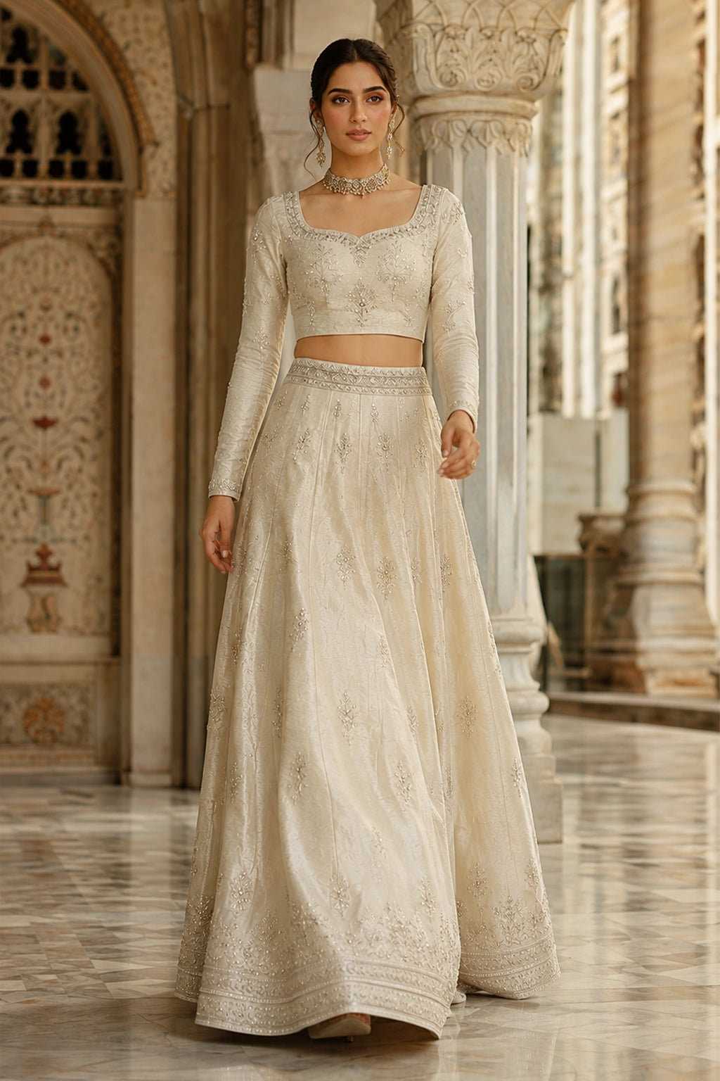 Sahar Pearl sheesha silk lehenga choli with delicate embroidery and organza dupatta by Miraam