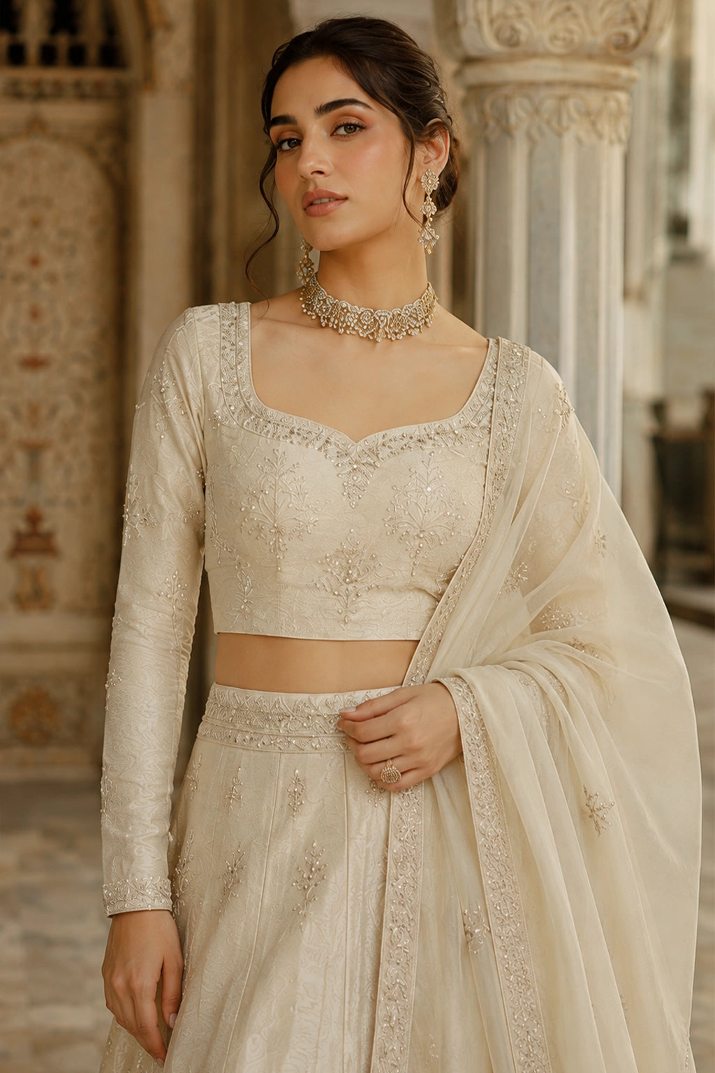 Sahar Pearl sheesha silk lehenga choli with delicate embroidery and organza dupatta by Miraam