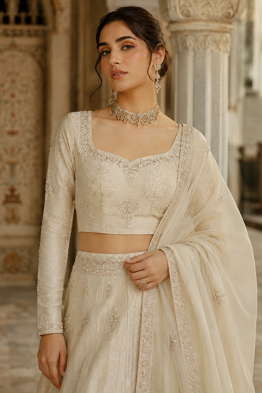 Sahar Pearl sheesha silk lehenga choli with delicate embroidery and organza dupatta by Miraam