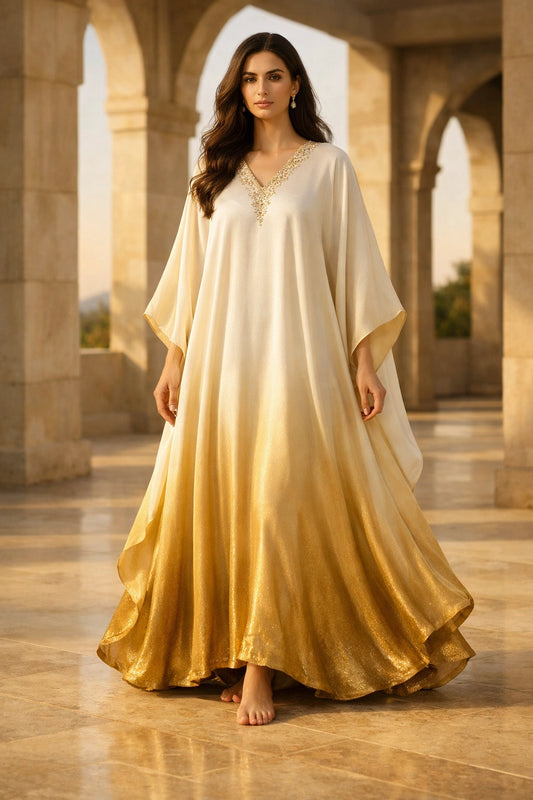 Gold gradient silk kaftan with soft sheen, luxury Pakistani festive kaftan dress
