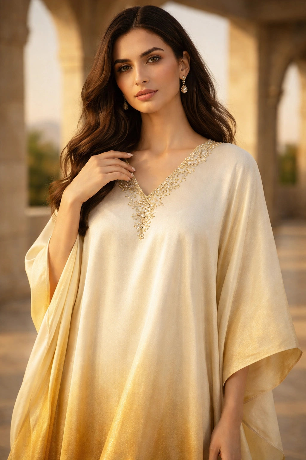 Gold gradient silk kaftan with soft sheen, luxury Pakistani festive kaftan dress