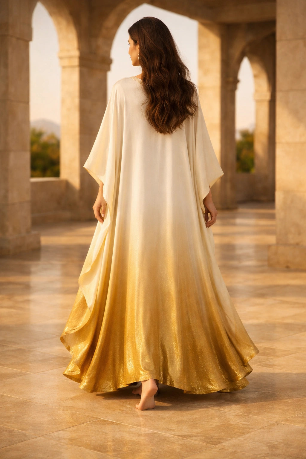 Gold gradient silk kaftan with soft sheen, luxury Pakistani festive kaftan dress