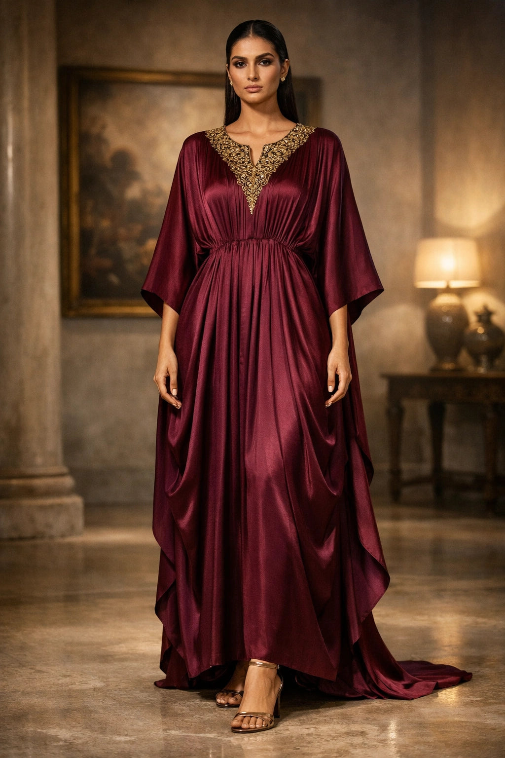 Wine silk kaftan with embellished neckline and gathered silhouette, luxury Pakistani festive wear