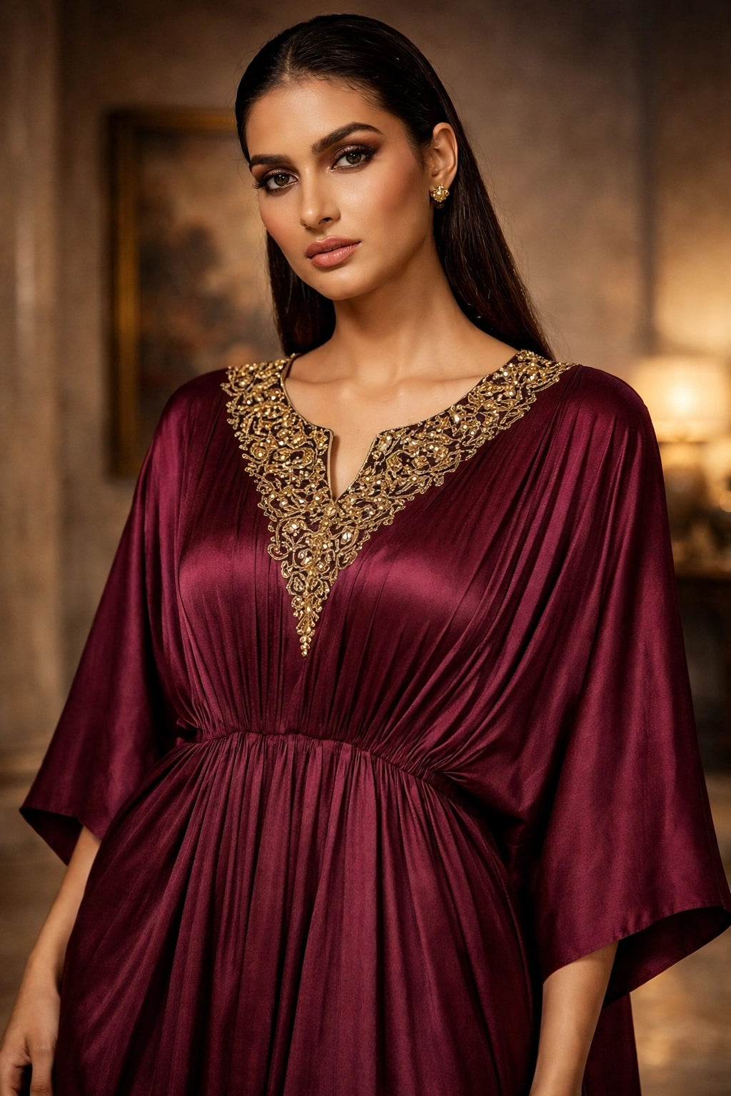 Wine silk kaftan with embellished neckline and gathered silhouette, luxury Pakistani festive wear