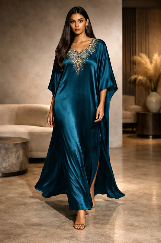 Teal sheesha silk kaftan with embellished neckline, luxury Pakistani evening kaftan dress