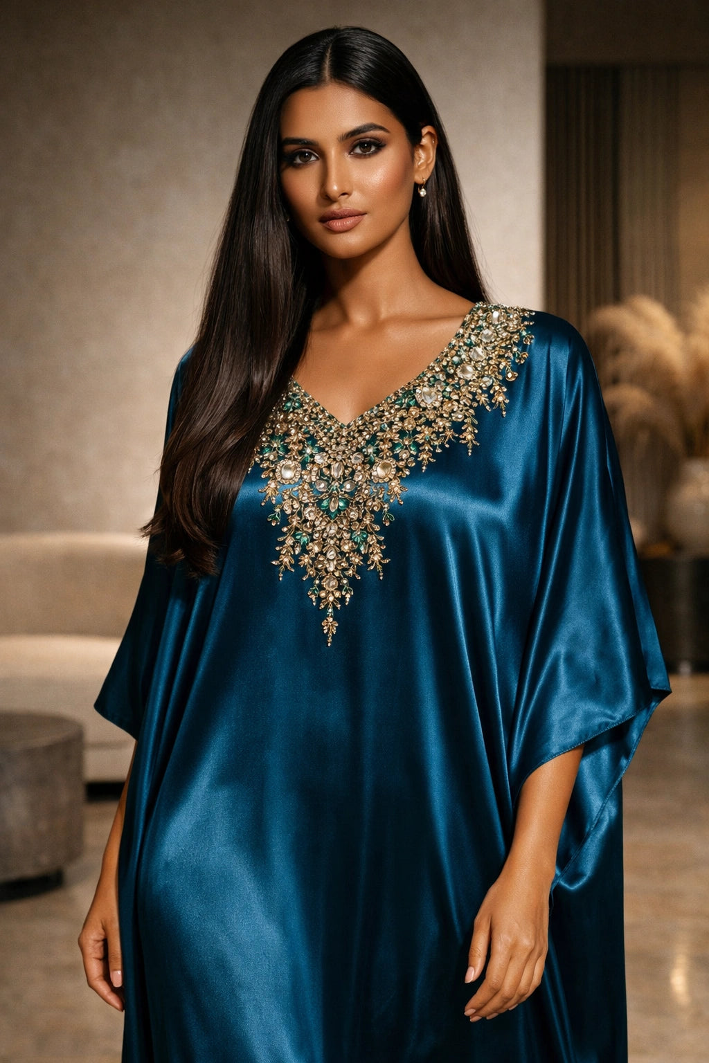 Teal sheesha silk kaftan with embellished neckline, luxury Pakistani evening kaftan dress