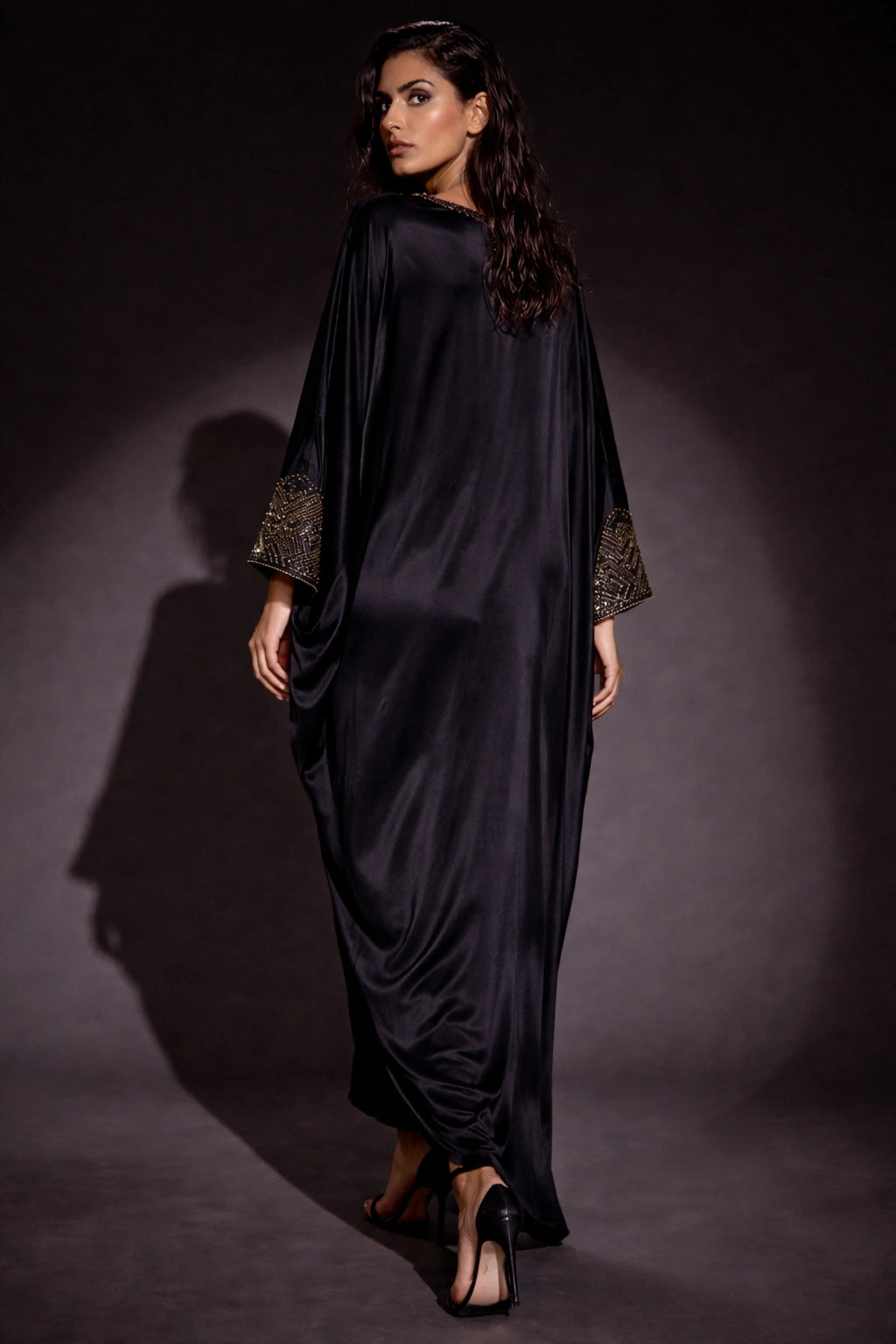 Black silk kaftan with gold embellished neckline, luxury Pakistani evening kaftan dress