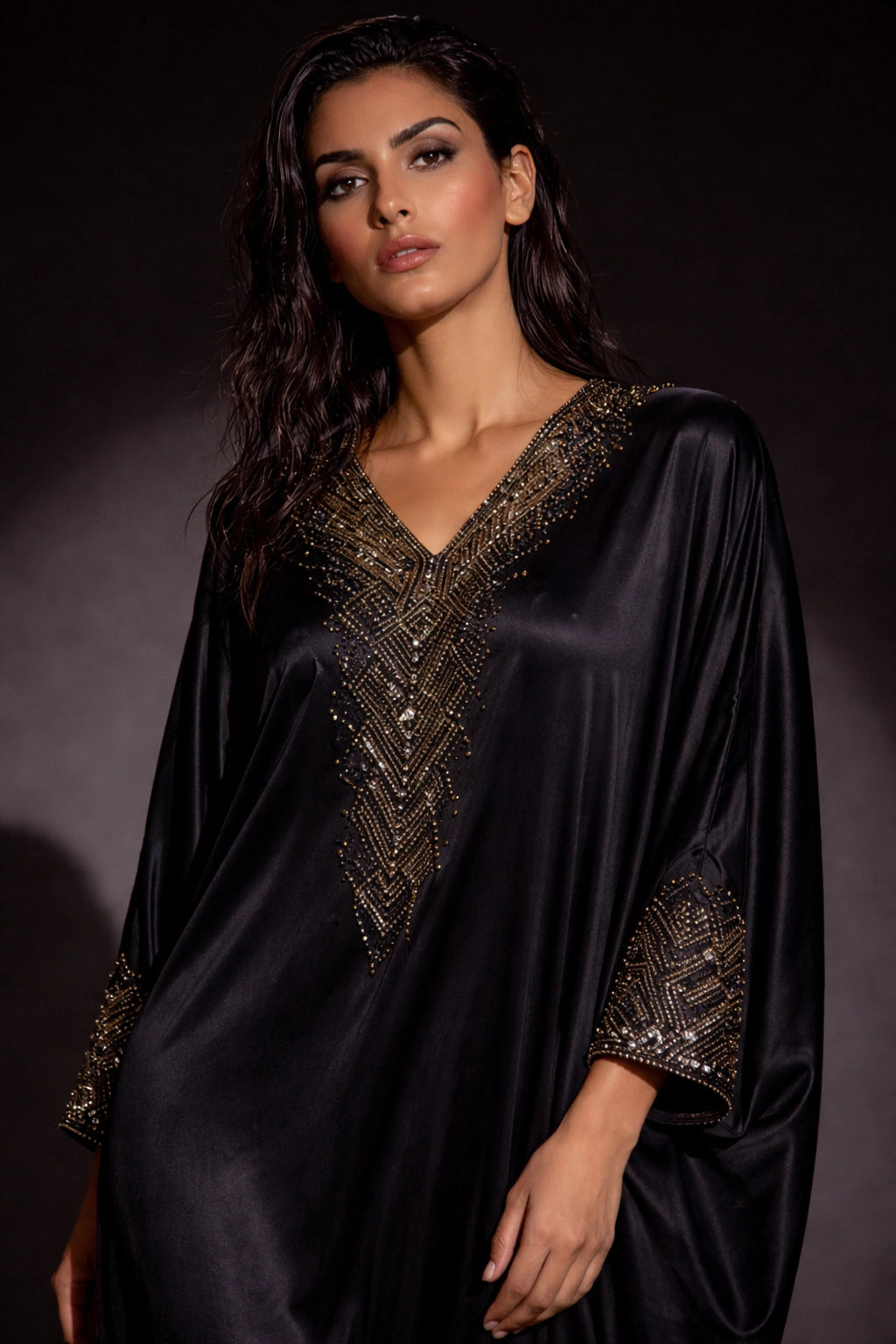 Black silk kaftan with gold embellished neckline, luxury Pakistani evening kaftan dress