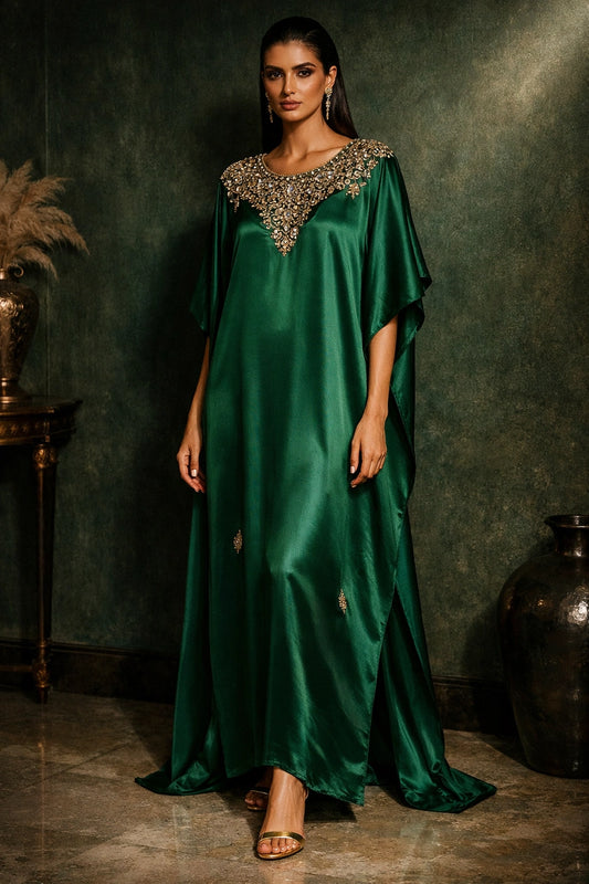 Emerald green sheesha silk kaftan with embellished neckline, luxury Pakistani evening kaftan