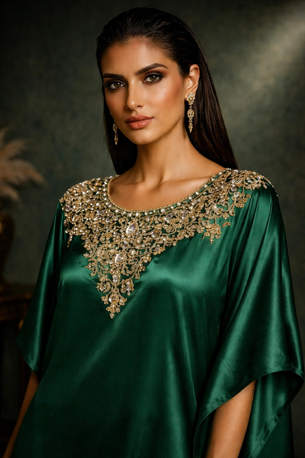 Emerald green sheesha silk kaftan with embellished neckline, luxury Pakistani evening kaftan