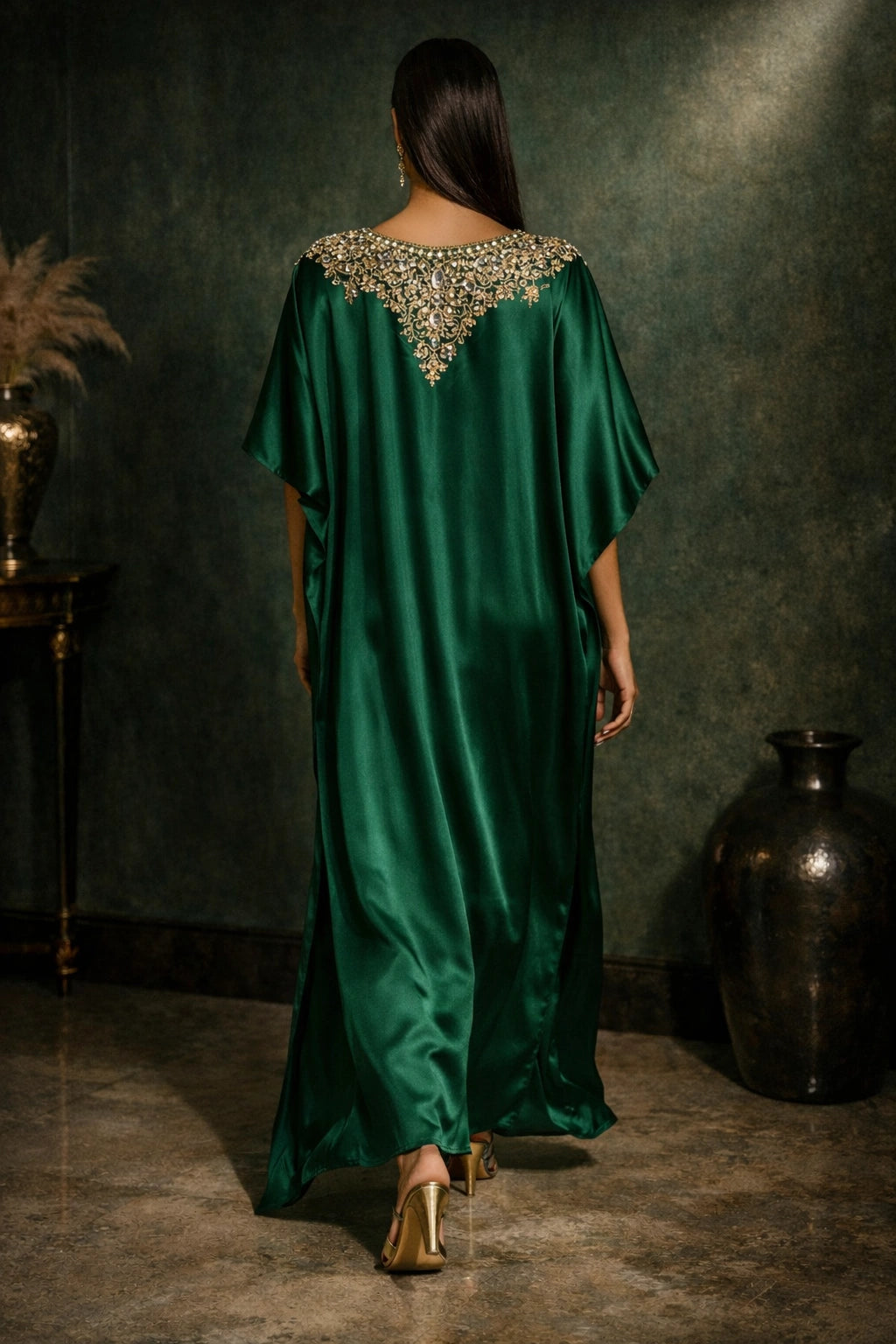Emerald green sheesha silk kaftan with embellished neckline, luxury Pakistani evening kaftan