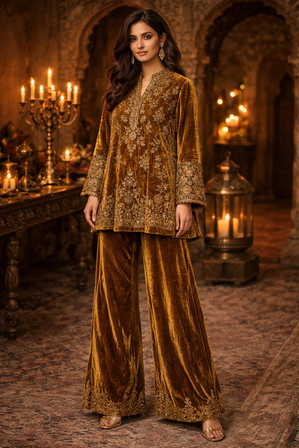 Amber velvet formal ensemble featuring intricate embroidery and wide-leg velvet trousers by Miraam.