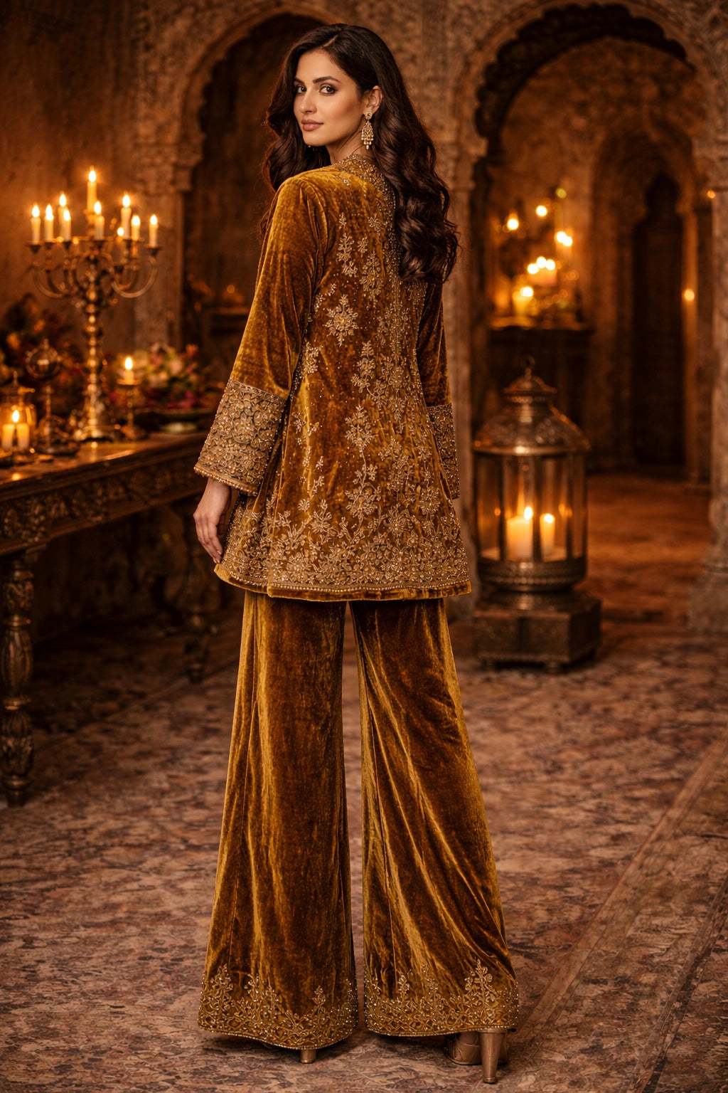 Amber velvet formal ensemble featuring intricate embroidery and wide-leg velvet trousers by Miraam.