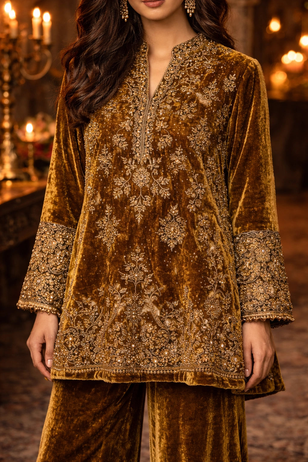 Amber velvet formal ensemble featuring intricate embroidery and wide-leg velvet trousers by Miraam.