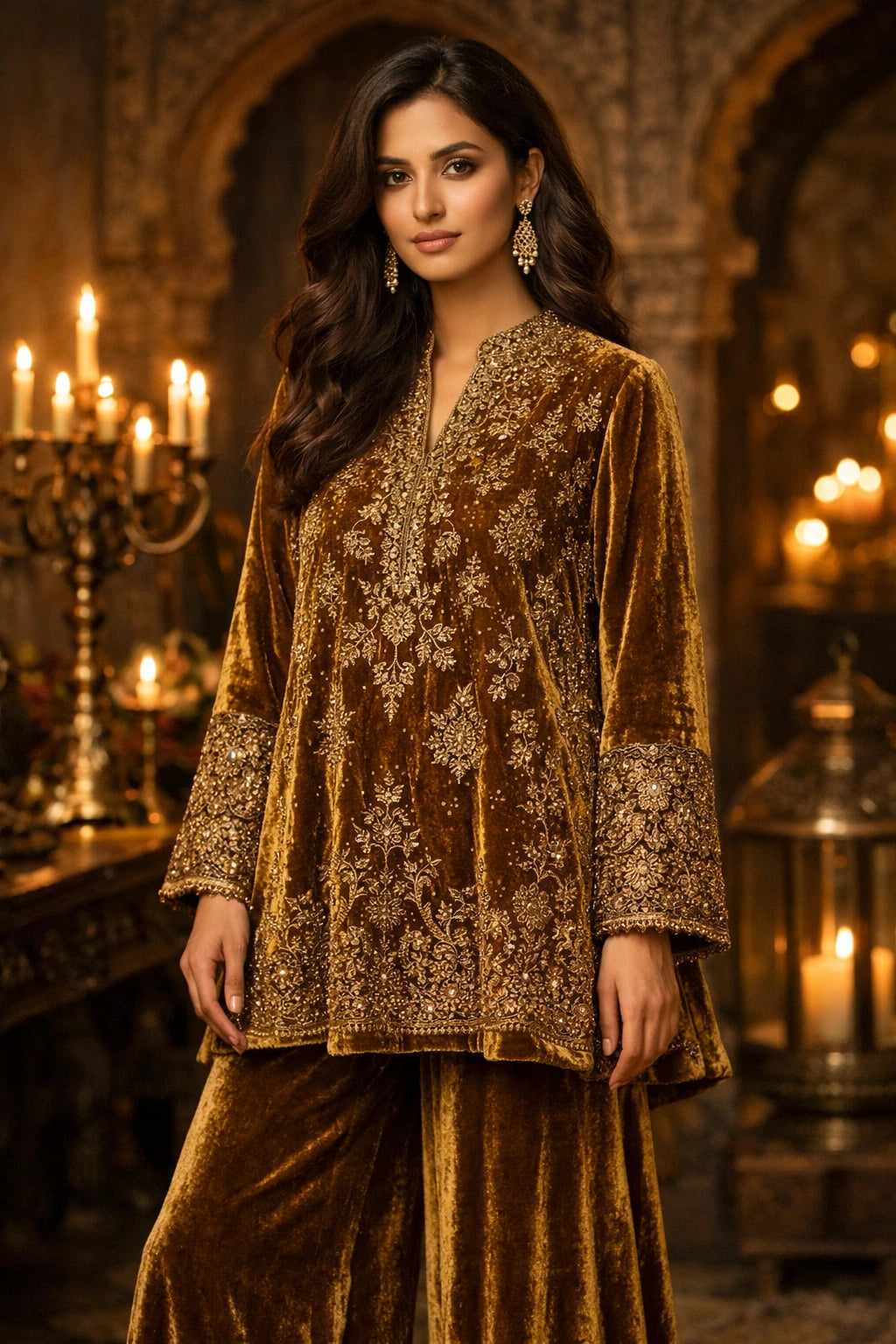 Amber velvet formal ensemble featuring intricate embroidery and wide-leg velvet trousers by Miraam.