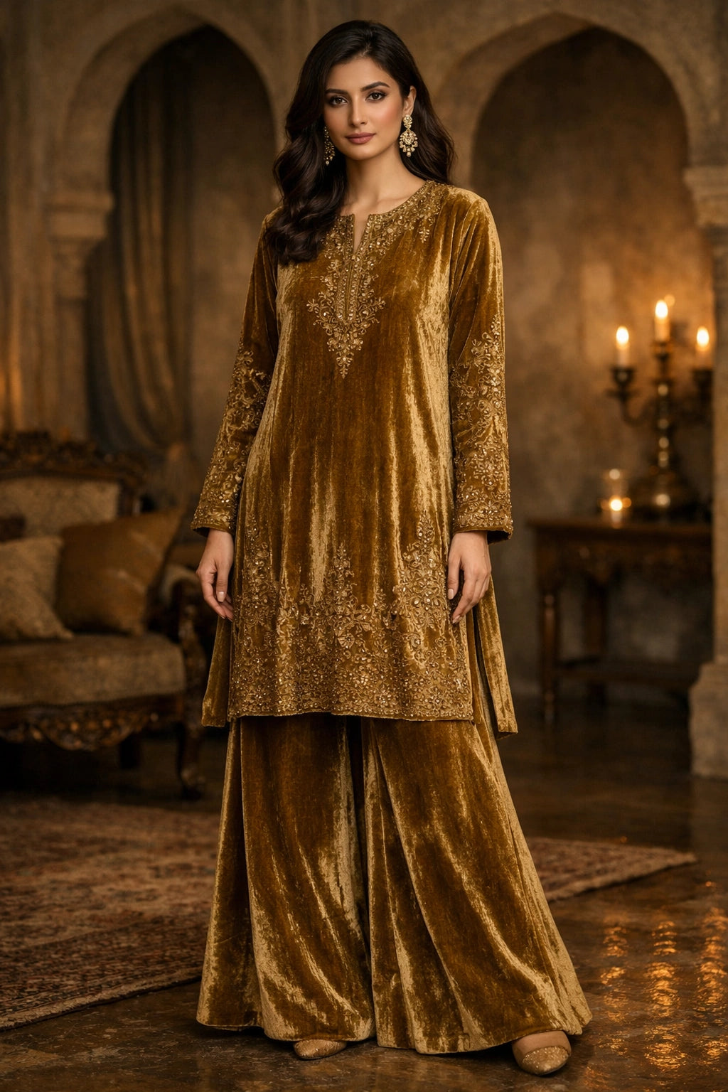 Antique gold velvet formal ensemble featuring delicate embroidery and wide velvet trousers by Miraam.