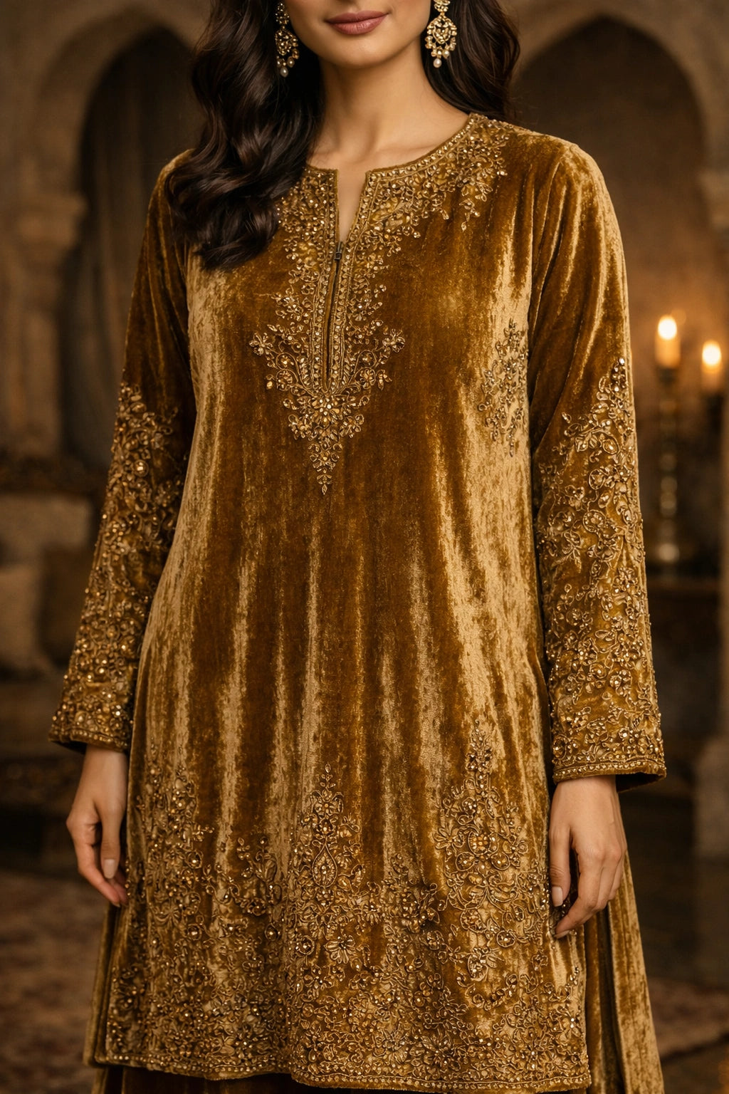 Antique gold velvet formal ensemble featuring delicate embroidery and wide velvet trousers by Miraam.