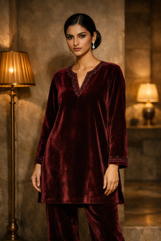 Merlot velvet formal ensemble featuring a clean silhouette with subtle neckline detailing by Miraam.