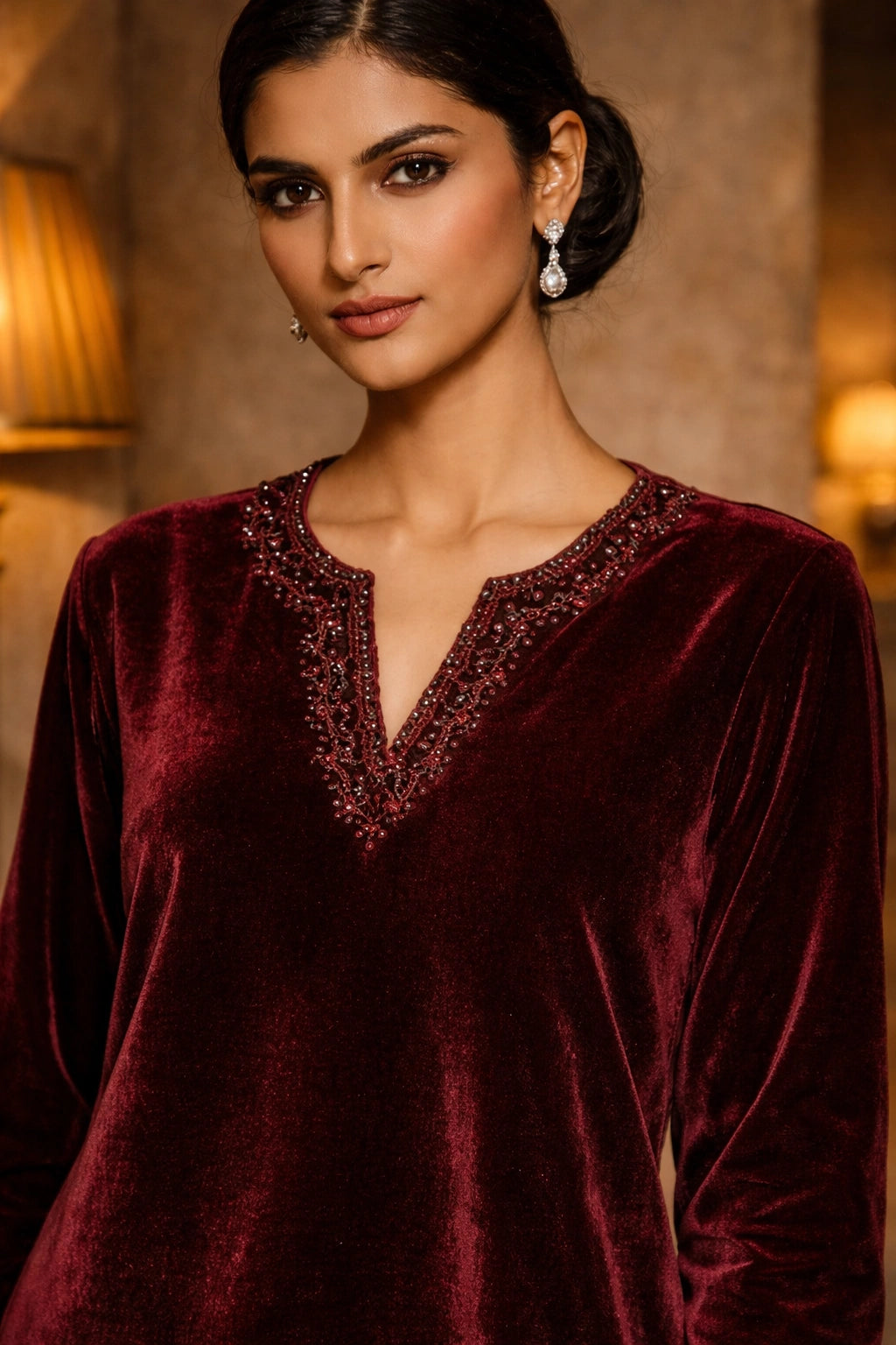 Merlot velvet formal ensemble featuring a clean silhouette with subtle neckline detailing by Miraam.