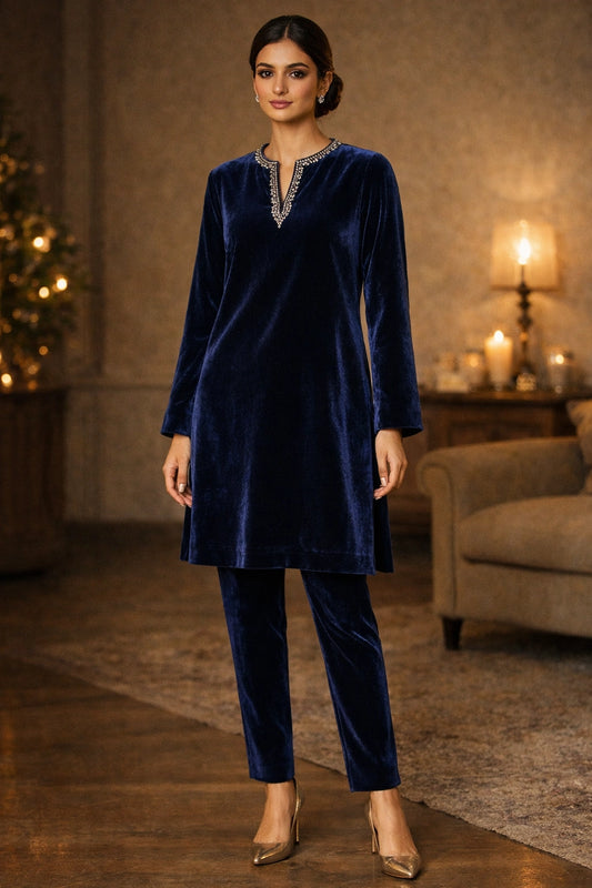 Midnight blue velvet formal ensemble featuring a clean silhouette and subtle neckline embellishment by Miraam.