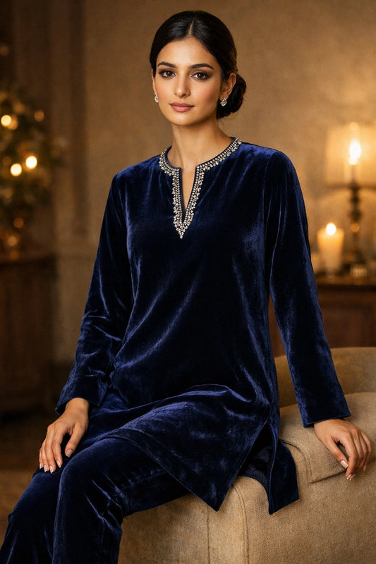 Midnight blue velvet formal ensemble featuring a clean silhouette and subtle neckline embellishment by Miraam.